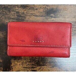 Fossil Vintage Red Leather Compact Trifold Wallet Snap Closure